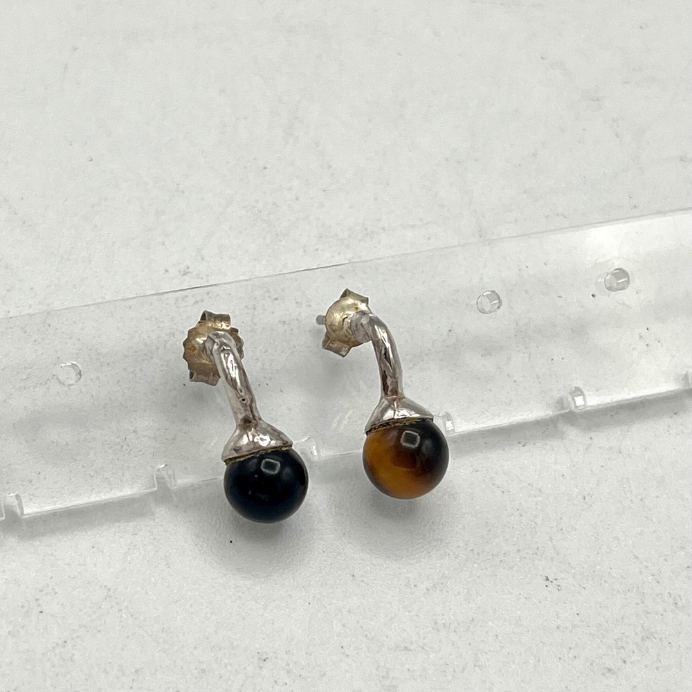 Sterling Silver 925 Tiger Eye Gemstone Curved Drop Post Earrings Brown Gold
